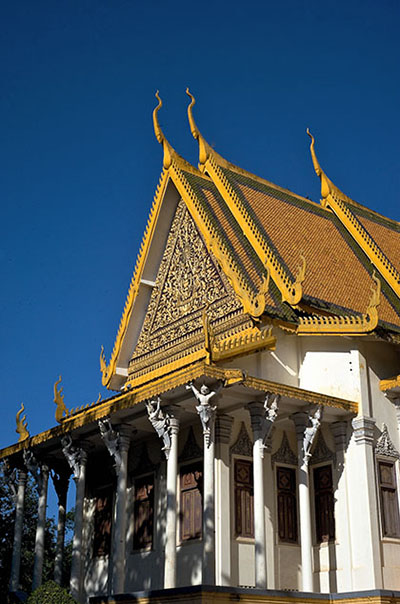 The stunning Khmer designed roofs and columns of the Royal Palace complex in central Phnom Penh