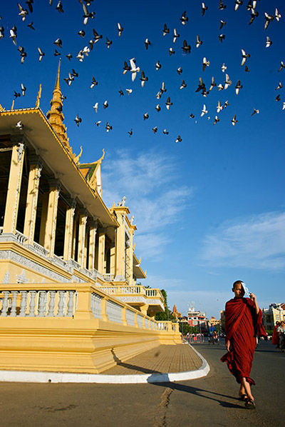 A lone monk shields himself from the morning tropical sun as birds fly overhead outside the Royal Palace in Phnom Penh