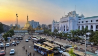 The streets of downtown Yangon overlooking City Hall and Sule Pagoda